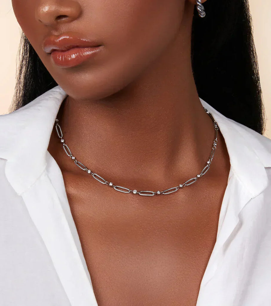 Crystal Paperclip Chain Necklace (Silver)