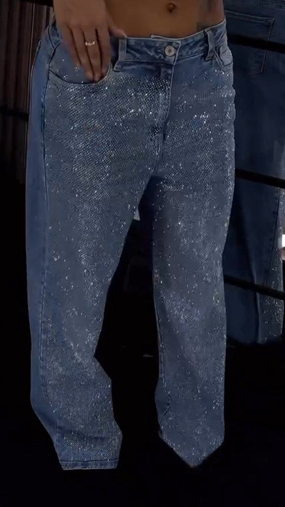 Zara Single-sided Rhinestone Wide-leg Casual Jeans