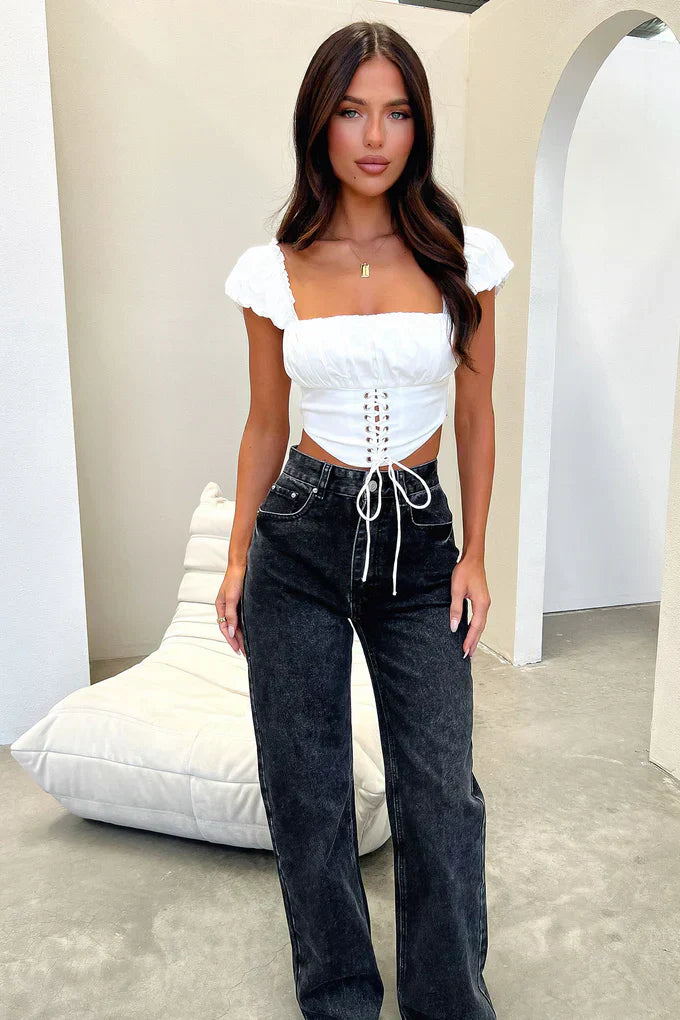 Semi-Wide Leg Denim Jeans - Black