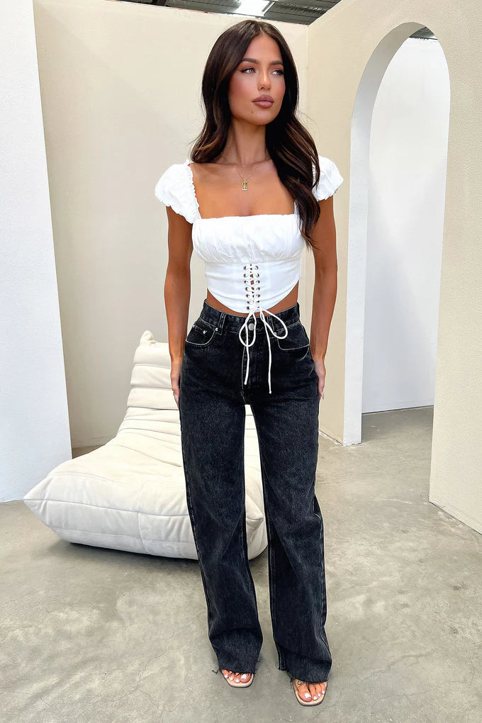 Semi-Wide Leg Denim Jeans - Black