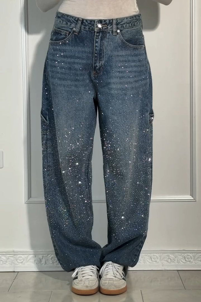 Ava Casual Rhinestone Loose Harem Jeans
